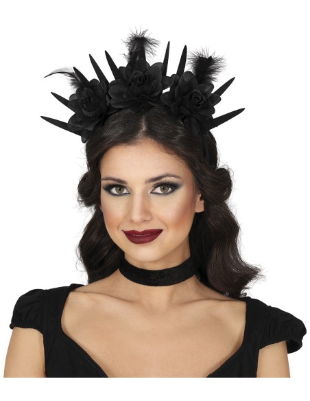 Cerchietto nero con fiori gotici e spine per costume Halloween donna