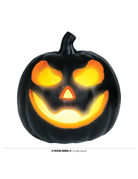 Zucca Halloween nera illuminata con occhi e bocca arancioni jack-o'-lantern decorazione 16 cm