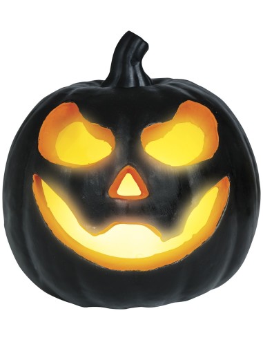 Zucca Halloween nera illuminata con occhi e bocca arancioni jack-o'-lantern decorazione 16 cm