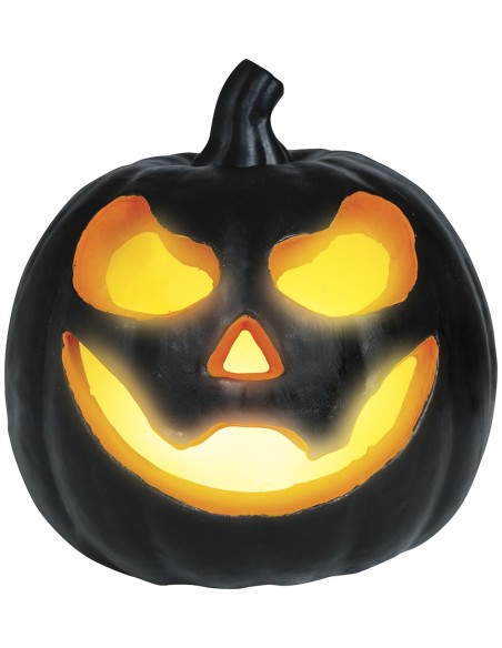 Zucca Halloween nera illuminata con occhi e bocca arancioni jack-o'-lantern decorazione 16 cm