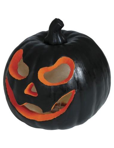 Zucca Halloween nera illuminata con occhi e bocca arancioni jack-o'-lantern decorazione 16 cm