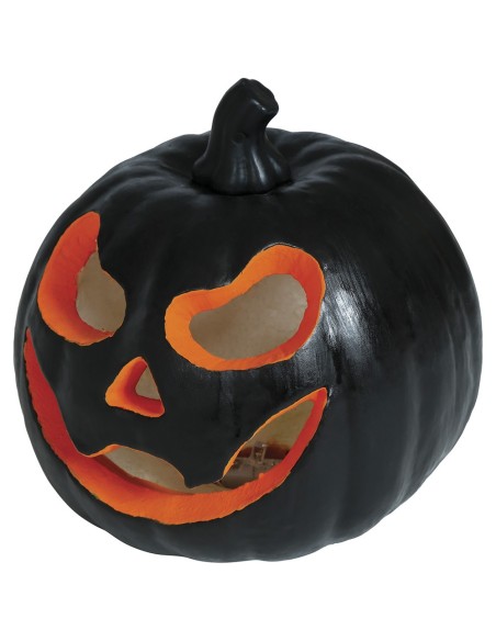 Zucca Halloween nera illuminata con occhi e bocca arancioni jack-o'-lantern decorazione 16 cm