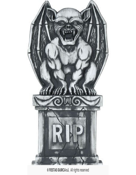 Lapide decorativa Halloween con gargoyle grigio dalle ali spiegate e scritta RIP per feste horror