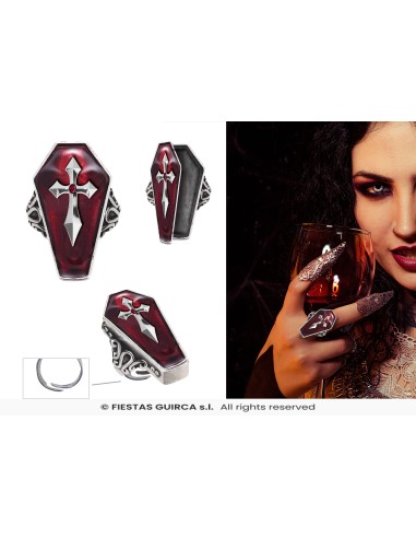 Anello gotico a forma di bara rossa con croce argentata per accessori Halloween horror