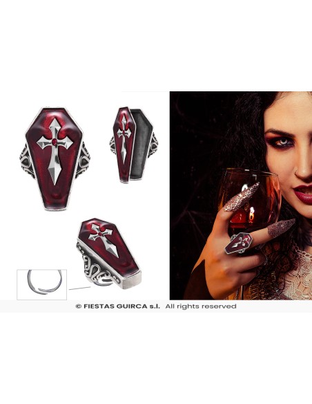 Anello gotico a forma di bara rossa con croce argentata per accessori Halloween horror