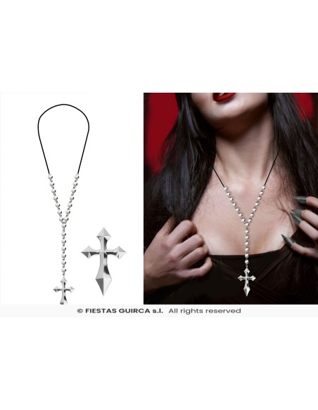 Collana con croce metallica su cordino nero per costume Halloween vampiro gotico