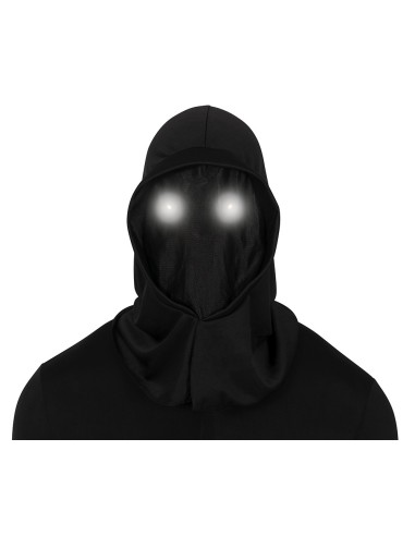 Cappuccio nero con occhi LED luminosi bianchi per costume Halloween horror spaventoso