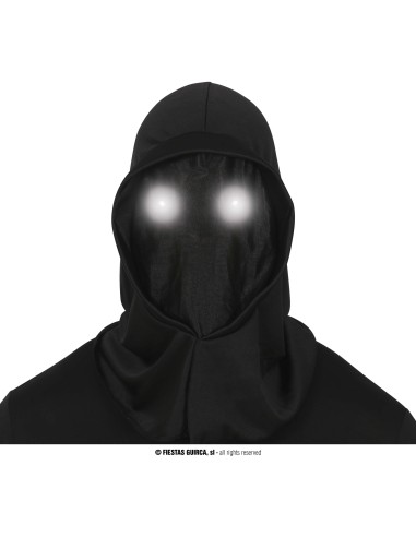 Cappuccio nero con occhi LED luminosi bianchi per costume Halloween horror spaventoso