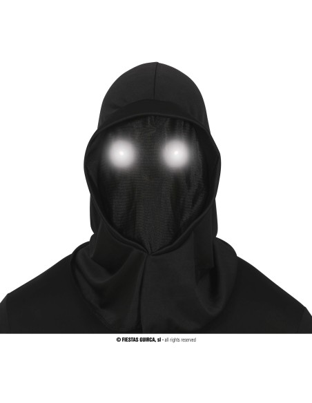 Cappuccio nero con occhi LED luminosi bianchi per costume Halloween horror spaventoso