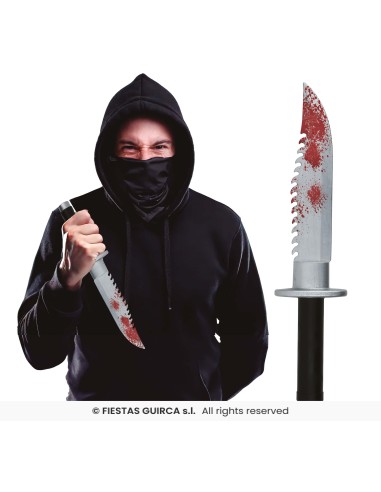 Pugnale finto insanguinato 33 cm accessorio Halloween horror con macchie rosse sulla lama