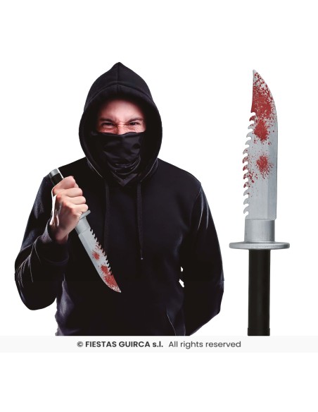 Pugnale finto insanguinato 33 cm accessorio Halloween horror con macchie rosse sulla lama
