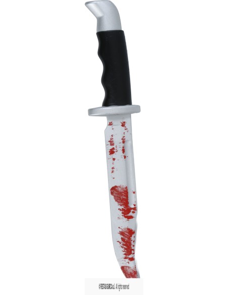 Pugnale finto insanguinato 33 cm accessorio Halloween horror con macchie rosse sulla lama