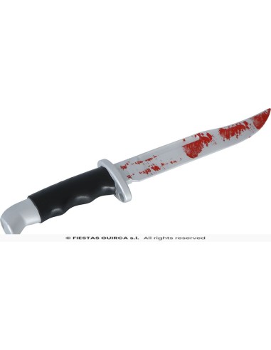 Pugnale finto insanguinato 33 cm accessorio Halloween horror con macchie rosse sulla lama