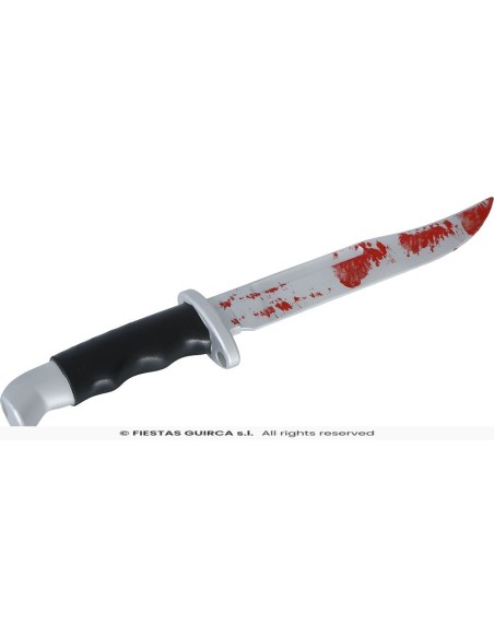 Pugnale finto insanguinato 33 cm accessorio Halloween horror con macchie rosse sulla lama