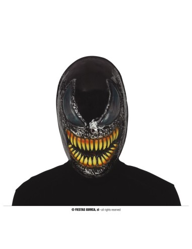 Maschera Venom nera con bocca spalancata e denti gialli per costume Halloween Marvel