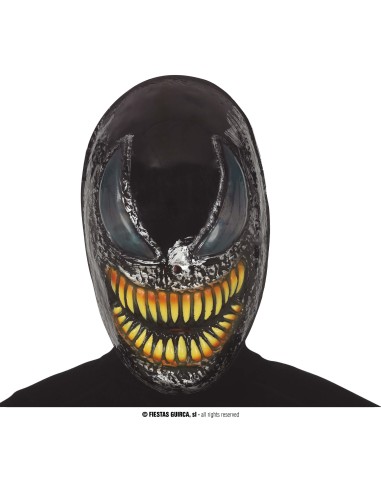 Maschera Venom nera con bocca spalancata e denti gialli per costume Halloween Marvel