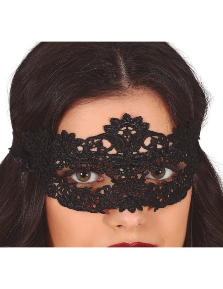 Mascherina nera in pizzo con motivi floreali traforati per feste in maschera e Carnevale