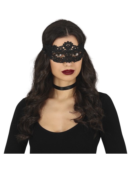 Mascherina nera in pizzo con motivi floreali traforati per feste in maschera e Carnevale