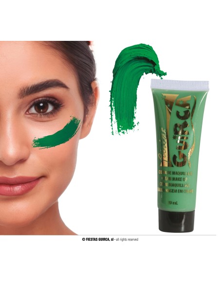 Tubetto trucco crema verde scuro per makeup carnevale Halloween con applicazione su viso donna
