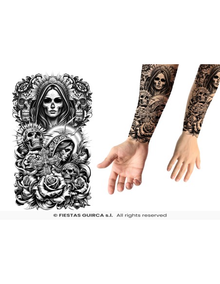Tatuaggio temporaneo Catrina teschio messicano con rose e decorazioni gotiche per Halloween 14x30 cm