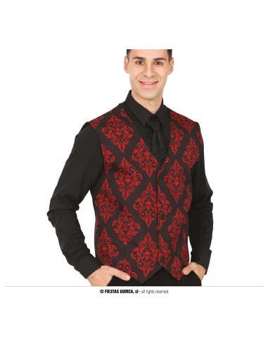 Gilet vampiro damascato rosso e nero con decorazioni gotiche per costume Halloween uomo
