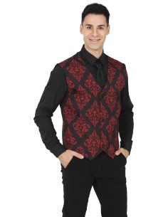 Gilet vampiro damascato rosso e nero con decorazioni gotiche per costume Halloween uomo 2