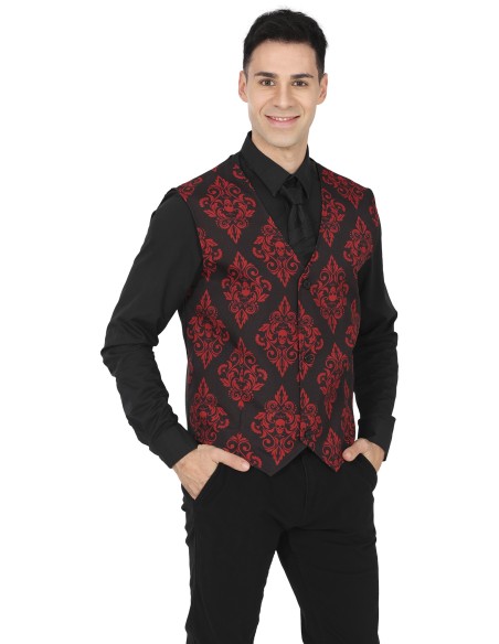 Gilet vampiro damascato rosso e nero con decorazioni gotiche per costume Halloween uomo