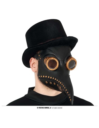 Maschera dottore della peste nera in lattice con becco lungo e occhiali dorati per Halloween