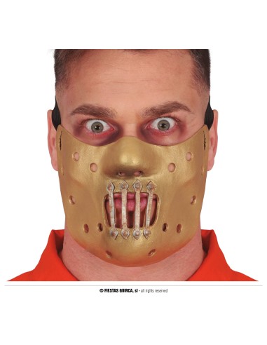Maschera assassino mezzo viso dorata con dettagli metallici e cinghie elastiche per Halloween horror