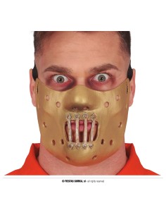 Maschera assassino mezzo viso dorata con dettagli metallici e cinghie elastiche per Halloween horror 2