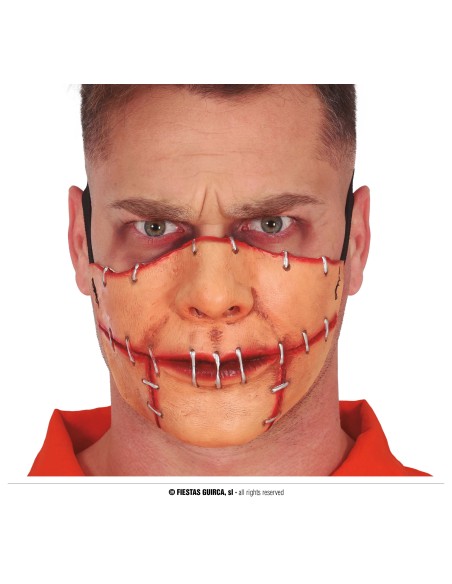 Maschera lattice mezzo viso bocca cucita con punti rossi effetto horror Halloween