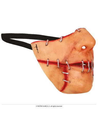 Maschera lattice mezzo viso bocca cucita con punti rossi effetto horror Halloween