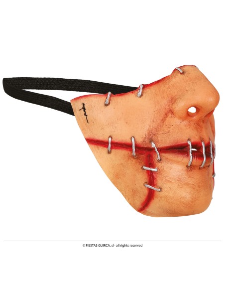 Maschera lattice mezzo viso bocca cucita con punti rossi effetto horror Halloween