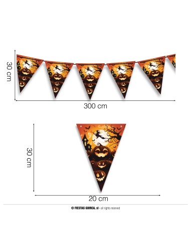 Festone Halloween carta triangolare 300cm con fantasmi zucche e pipistrelli arancione nero