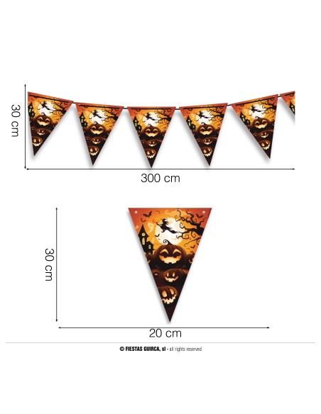 Festone Halloween carta triangolare 300cm con fantasmi zucche e pipistrelli arancione nero