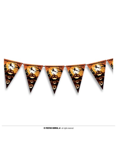 Festone Halloween carta triangolare 300cm con fantasmi zucche e pipistrelli arancione nero