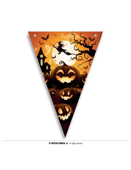 Festone Halloween carta triangolare 300cm con fantasmi zucche e pipistrelli arancione nero