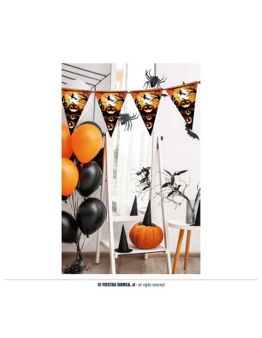Festone Halloween carta triangolare 300cm con fantasmi zucche e pipistrelli arancione nero