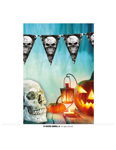 Gagliardetto decorativo con teschi per Halloween, bandierine triangolari nere su sfondo horror con zucche