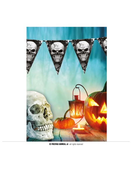 Gagliardetto decorativo con teschi per Halloween, bandierine triangolari nere su sfondo horror con zucche