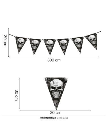 Gagliardetto decorativo con teschi per Halloween, bandierine triangolari nere su sfondo horror con zucche