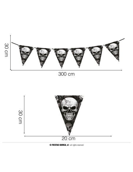 Gagliardetto decorativo con teschi per Halloween, bandierine triangolari nere su sfondo horror con zucche