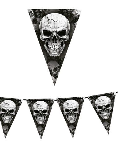 Gagliardetto decorativo con teschi per Halloween, bandierine triangolari nere su sfondo horror con zucche