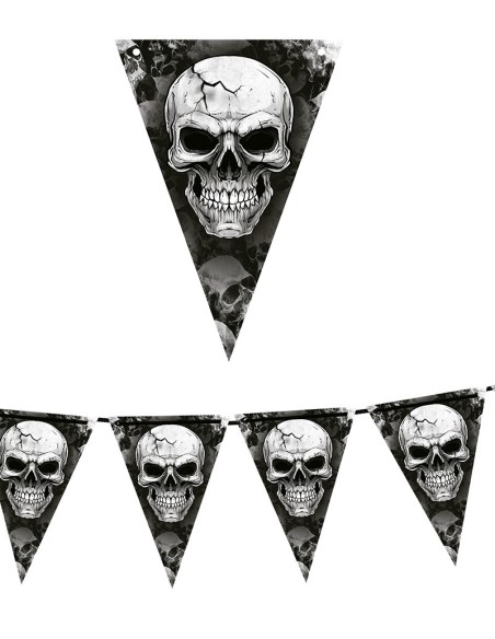 Gagliardetto decorativo con teschi per Halloween, bandierine triangolari nere su sfondo horror con zucche