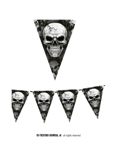 Gagliardetto decorativo con teschi per Halloween, bandierine triangolari nere su sfondo horror con zucche