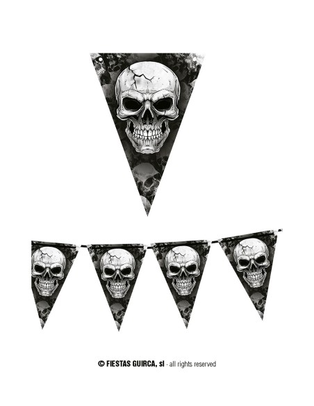 Gagliardetto decorativo con teschi per Halloween, bandierine triangolari nere su sfondo horror con zucche