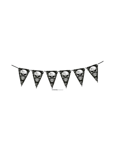 Gagliardetto decorativo con teschi per Halloween, bandierine triangolari nere su sfondo horror con zucche