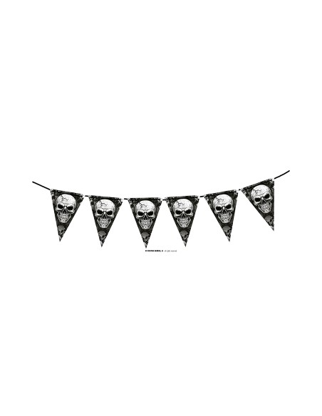 Gagliardetto decorativo con teschi per Halloween, bandierine triangolari nere su sfondo horror con zucche