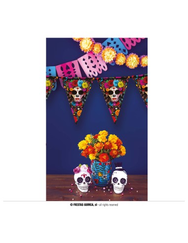 Gagliardetto decorativo messicano con teschi Catrina colorati e fiori per Día de los Muertos Halloween