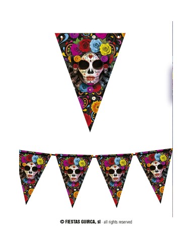 Gagliardetto decorativo messicano con teschi Catrina colorati e fiori per Día de los Muertos Halloween